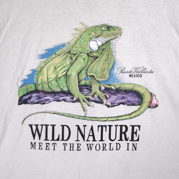 VINTAGE Wild Nature Meet The World Iguana Graphic T-shirt Men XL White 90s - Picture 2 of 10